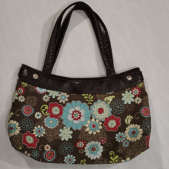 Thirty-One Shoulder Bag Brown Removable Floral Skirt Brown Trim Purse Sachel - Picture 7 of 16